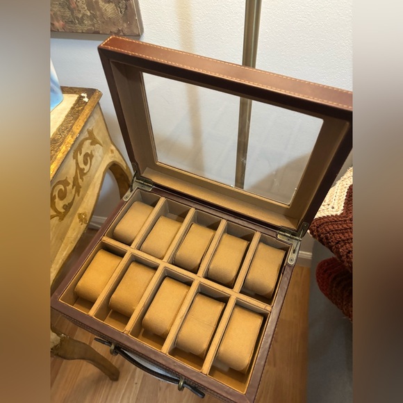 FOSSIL 10 Piece Watch Box Leather Brown w/ Storage Pull Out Drawer - Picture 3 of 9